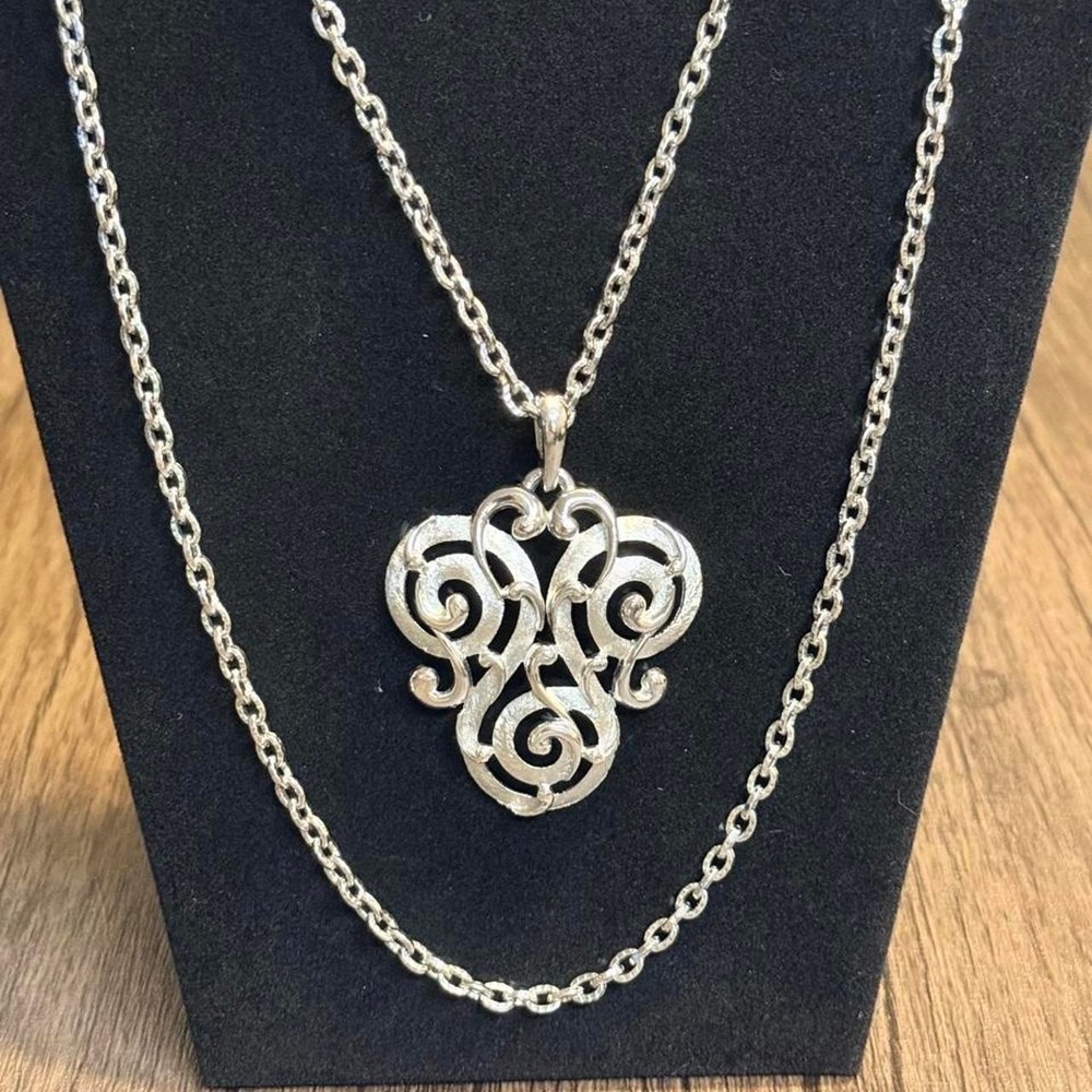 Vintage Layered Silver Chain Necklace with Ornate Swirl Design Pendant